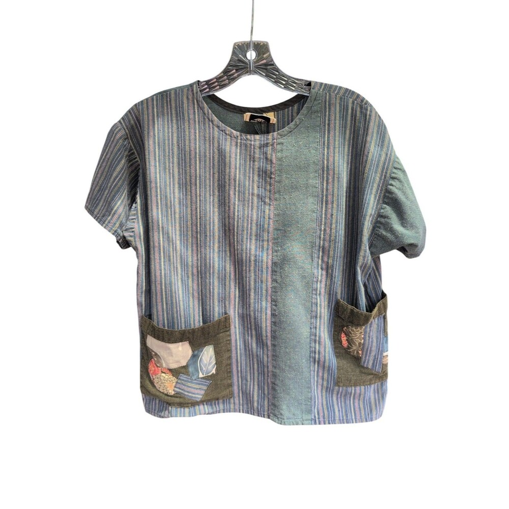 Nui Mono Hawaii Patchwork Art to Wear Blouse Linen Applique Pockets One Size
